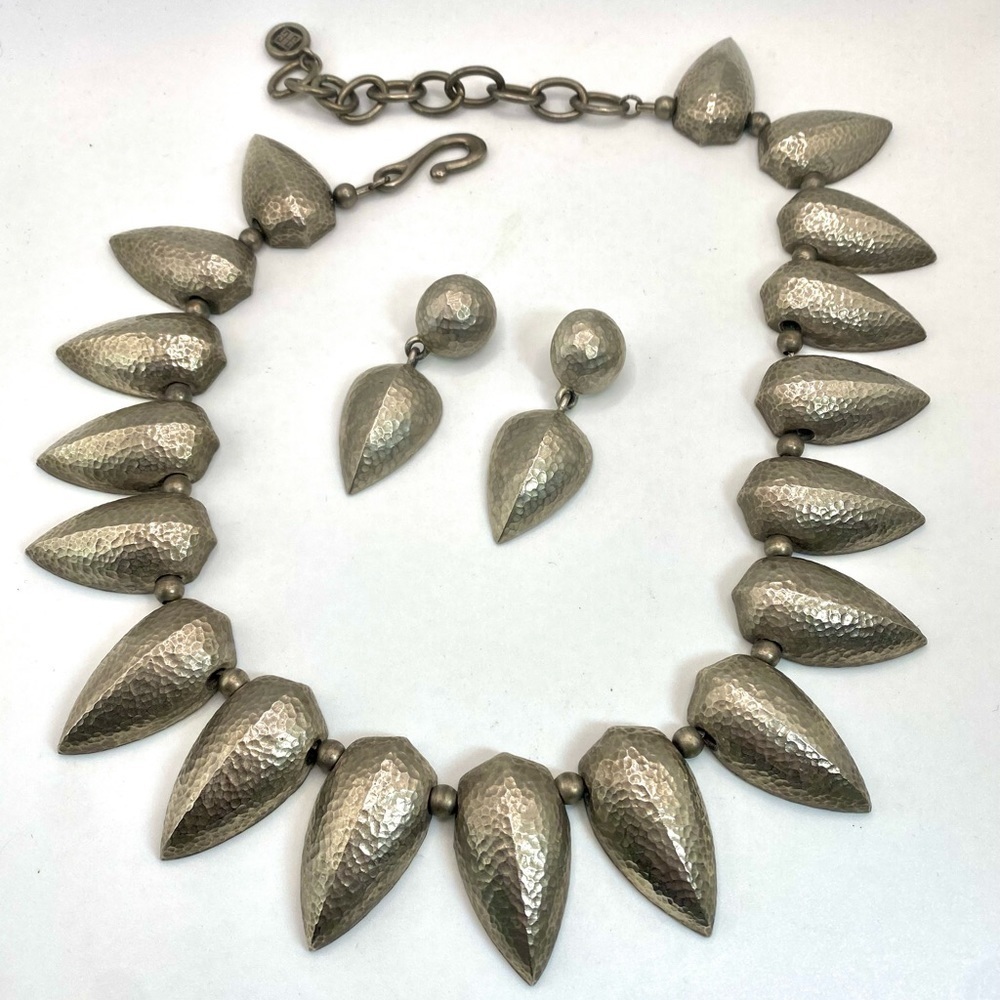 Vintage Givenchy Silver Tone Hammered Metal Tribal Spike Necklace and Earrings